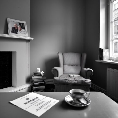 Sparsamer Wohnraum in Berliner Wohnung mit Kündigungsschreiben auf Tisch und Blick auf ruhige Straße.